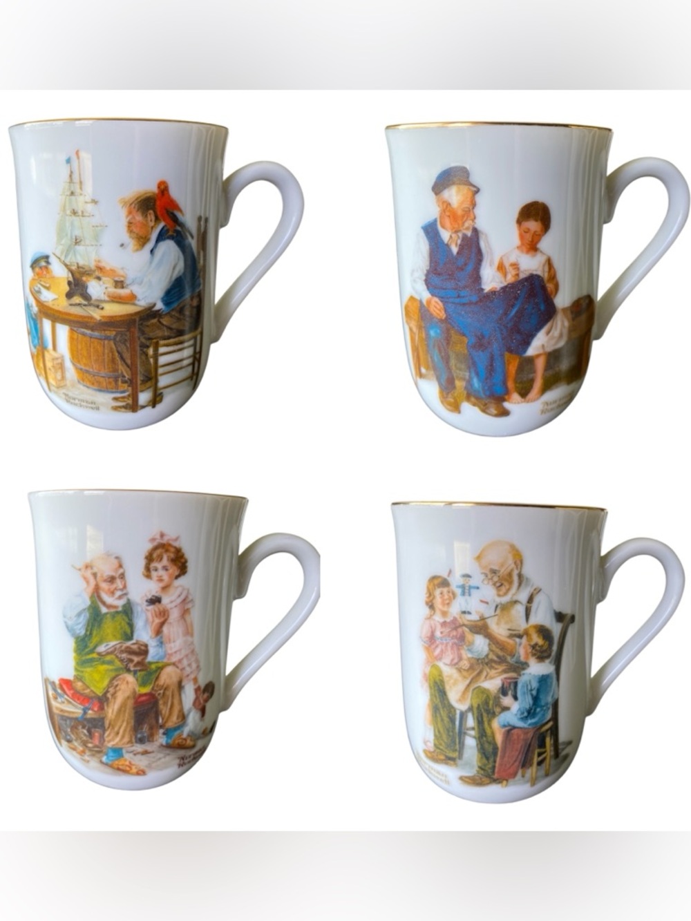 Vintage 1982 Norman Rockwell Museum Coffee Mugs Set Of 4 Cups White & Gold Trim